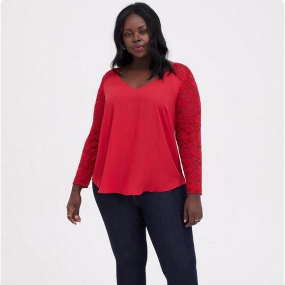 TORRID PLUS 4X 26 Georgette V Neck Lace Sleeve Blouse Top Jester Red NWT Flawed - Picture 14 of 15